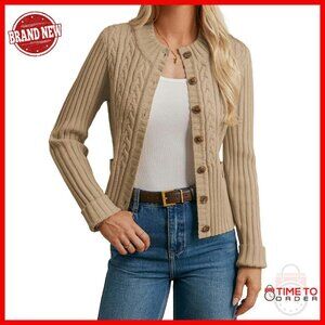 Chunky Cable Knit Cropped Cardigan, Button Up Winter Sweater, Sizes S-XXL